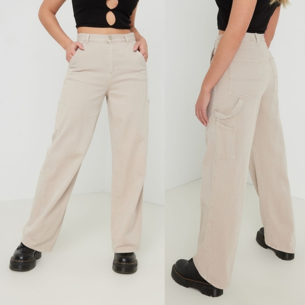 Sz 1 (Sz 25) 100% Cotton Beige High Rise Straight Leg Carpenter Pants Jeans - Picture 2 of 7
